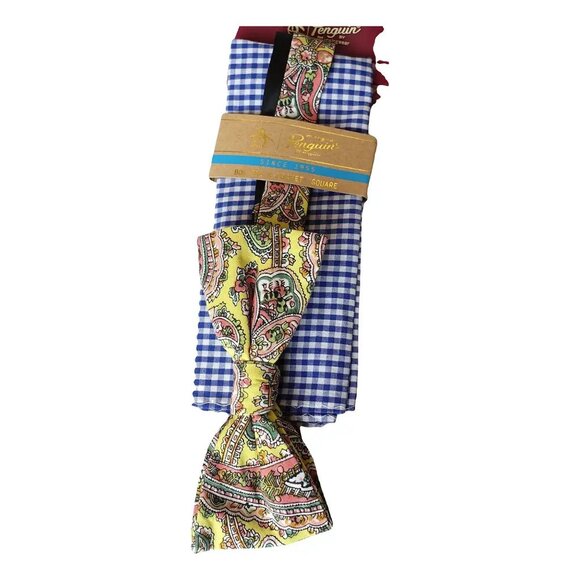 ORIGINAL PENGUIN Yellow Paisley Bow Tie Gingham Cotton Pocket Square Set - Picture 1 of 3